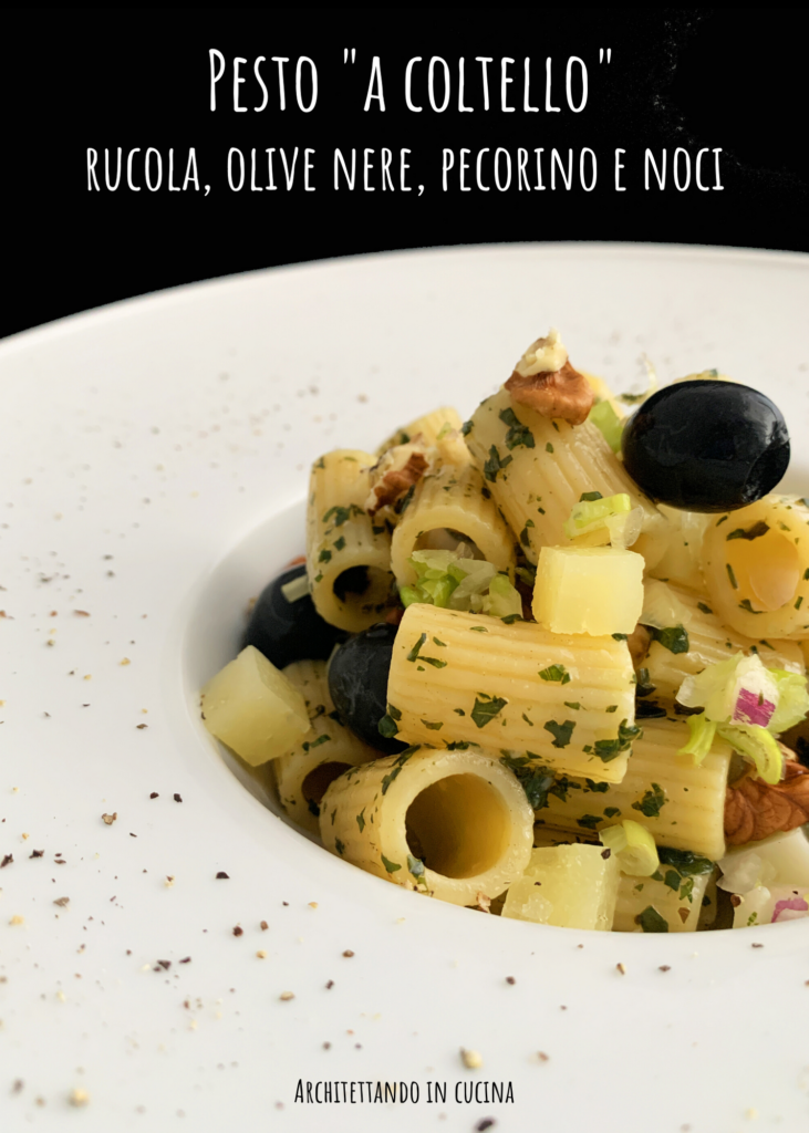 Pesto "a coltello" rucola, olive nere, pecorino e noci