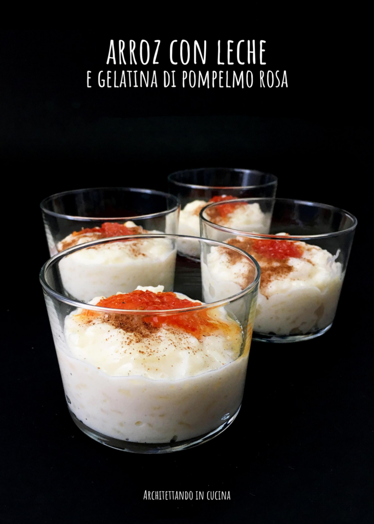 Arroz con leche o risolatte e gelatina di pompelmo rosa