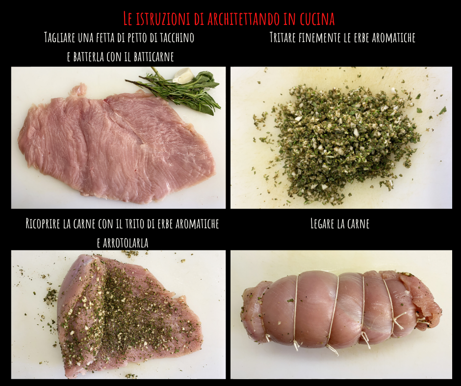 Le istruzioni per preparare il rotolo di tacchino alle erbe aromatiche.