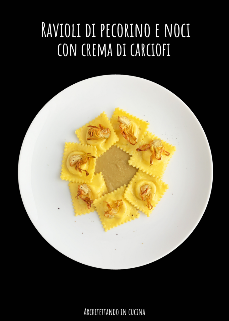 Ravioli di pecorino e noci con crema di carciofi