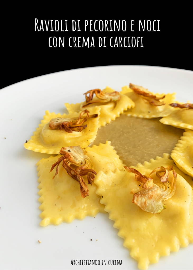 Ravioli di pecorino e noci con crema di carciofi