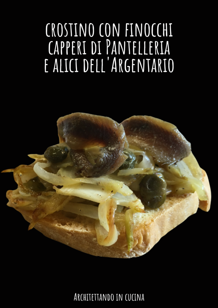 Il crostino con finocchi, capperi di Pantelleria e alici dell'Argentario insieme ad altri protagonisti del blog tour delle Marche