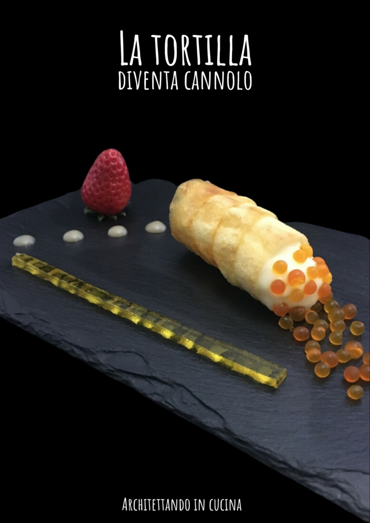 La tortilla diventa cannolo di patata con crema allo zenzero e cardamomo e perle di zafferano