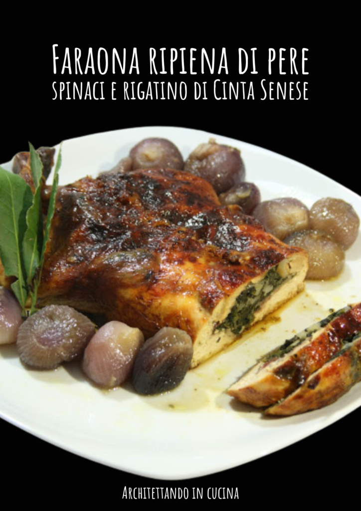 Faraona ripiena di pere, spinaci e rigatino di Cinta Senese, con Gravy alla birra e cipolline in agrodolce leggero 